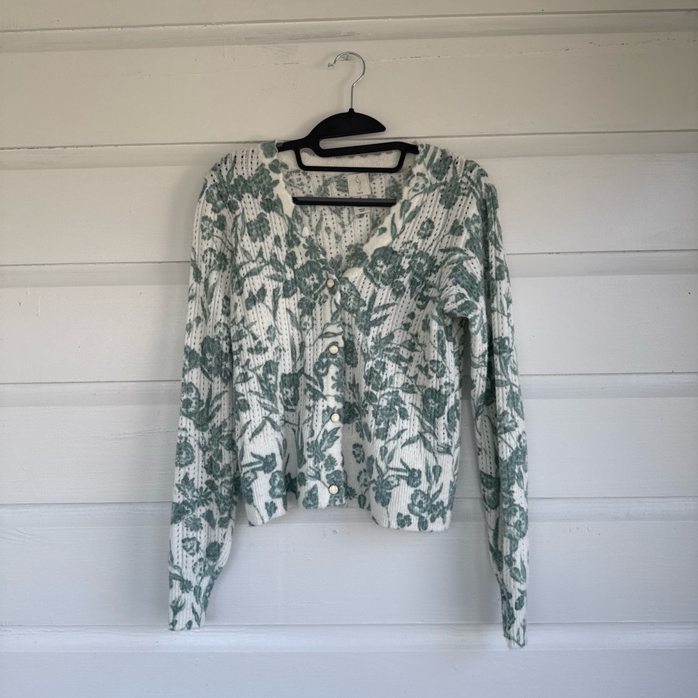 Joie Cream and Sage Green Floral Openwork Cardigan
